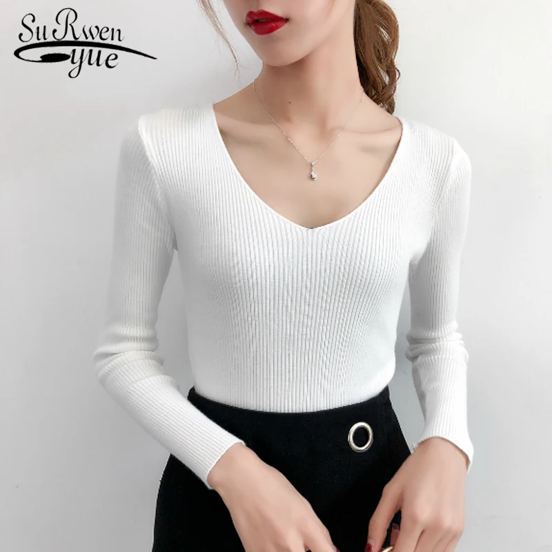 

Solid Slim Femme Elasticity Pullovers Sweater Fashion V-neck Knitted Sweater Winter Clothes Women Basic Women Sweaters 5045 50