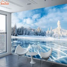 ShineHome-3D Wallpaper invierno lago congelado hielo y grietas Hills Pines azul papeles pintados del cielo para 3 d Pared de salón de papel