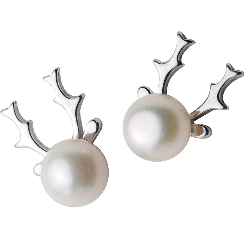 TOYOOSKY 925 Sterling Silver Natural Freshwater Pearl Earrings Jewellery Women Fashion Antlers Shaped Post Stud Earrings Gifts