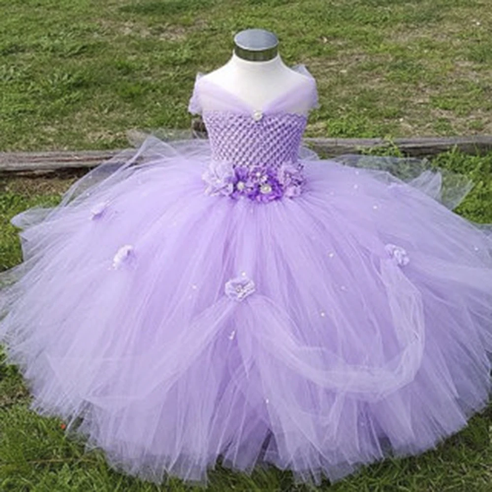 Flower Girls Kids Clothes Long Sleeve Crochet Lace Princess Party Tutu Dresses