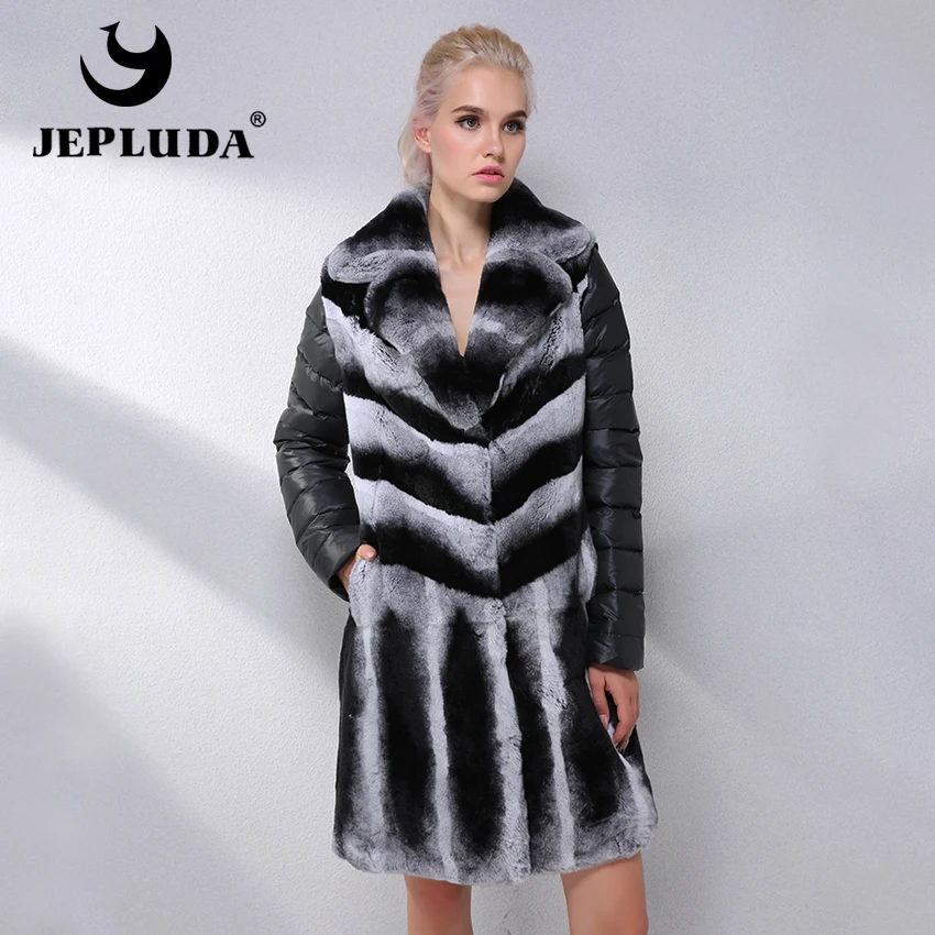 

JEPLUDA New Pattern Winter Real Fur Coat Women Down Sleeves Warm Real Fur Jacket Women Natural Rex Rabbit Fur Coat Real Fur vest