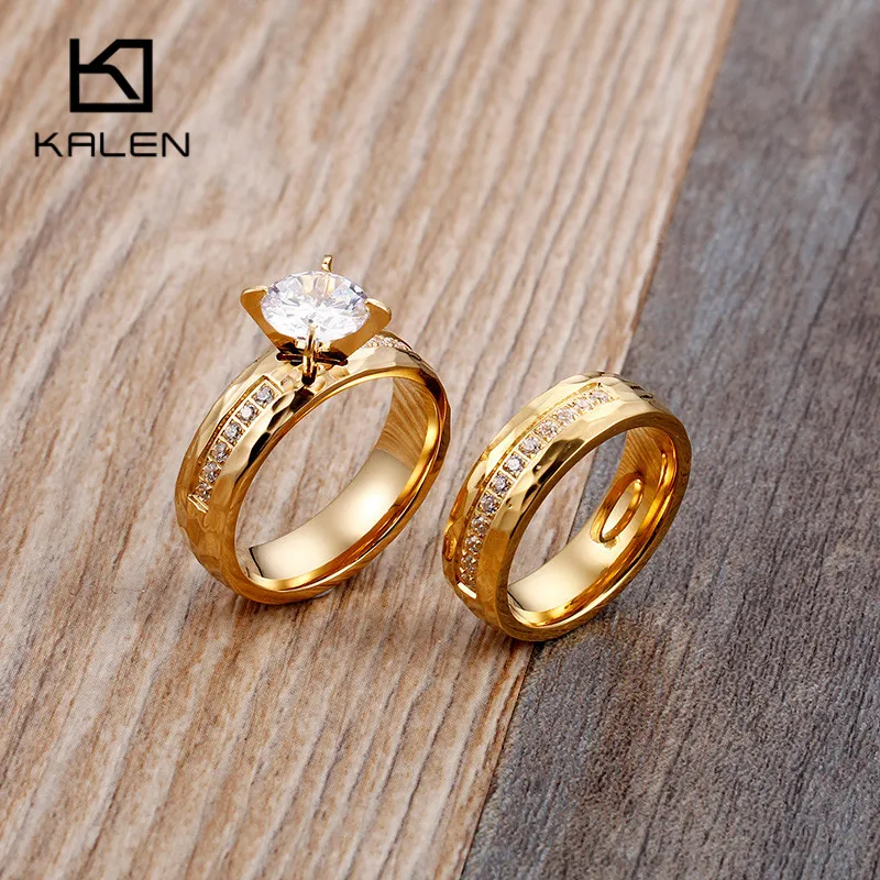 Kalen Романтический цирконевые кольца для пары со стразами Нержавеющая сталь золотые кольца для свадебное кольцо для женщин группа кольца