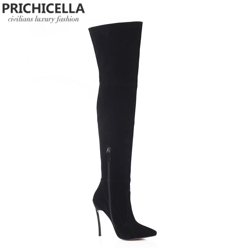 PRICHICELLA 8 см 10 см серый натуральная кожа сапоги выше колена высокие ботинки size34-42