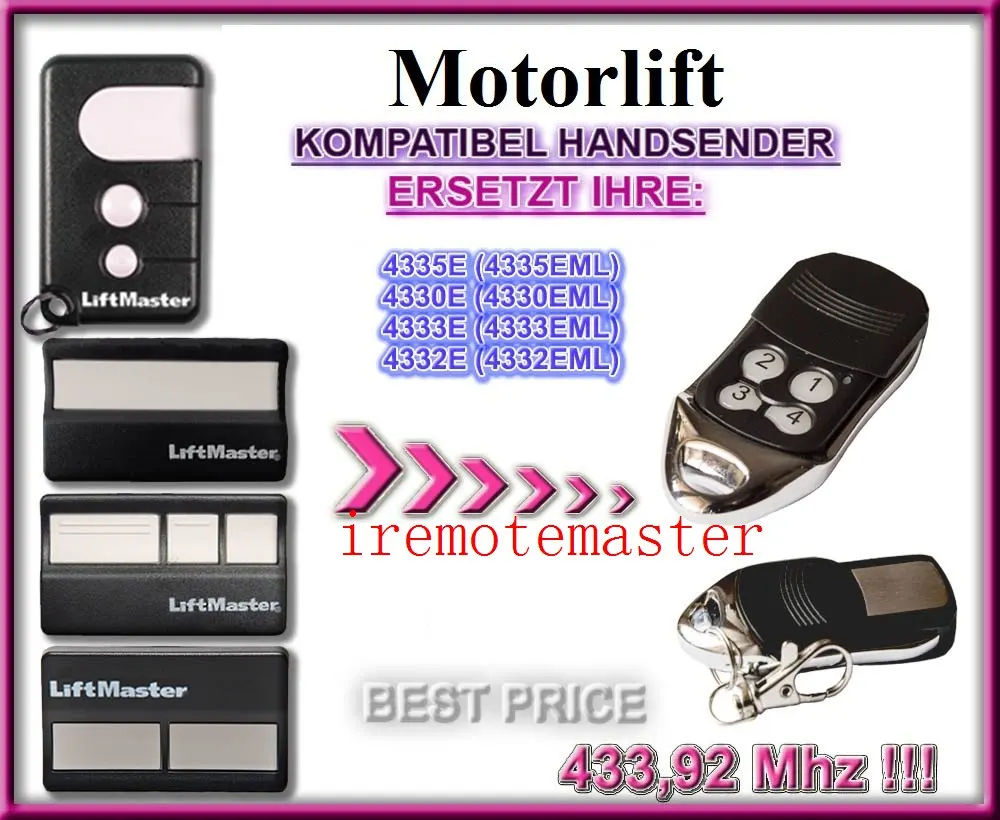 

Motorlift 4335E (4335EML),4330E (4330EML),4333E (4333EML),4332E (EML) replacement remote control free shipping