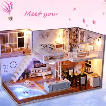 

DIY Doll House Miniature Dollhouse Model With Furniture LED Light Building Kits Wooden Loft House Toys For Children Gift M016