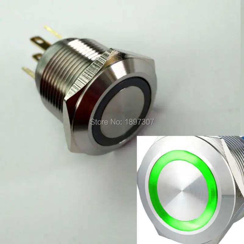

20pcs 19mm Short Body Green 12V ring led push button switch with stainless steel crust