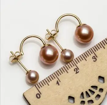 

free shipping>>>>noble jewelry 5.5-8.5mm Double Freshwater Orange Pearl Earrings 14k Yellow Gold AAA Quality