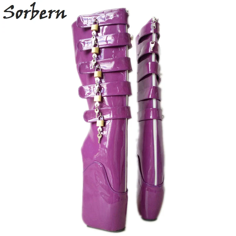 

Sorbern Knee High Boots For Women England Shoes Lockable Keys Black Boots Square Toe Boots Ballet Wedge Heel BDSM Shoe Unisex