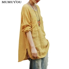 Женская хлопковая льняная футболка с длинным рукавом, однотонный винтажный пуловер с круглым вырезом, футболка, свободные топы с карманами, мягкая свободная Осенняя Новинка 904-A363