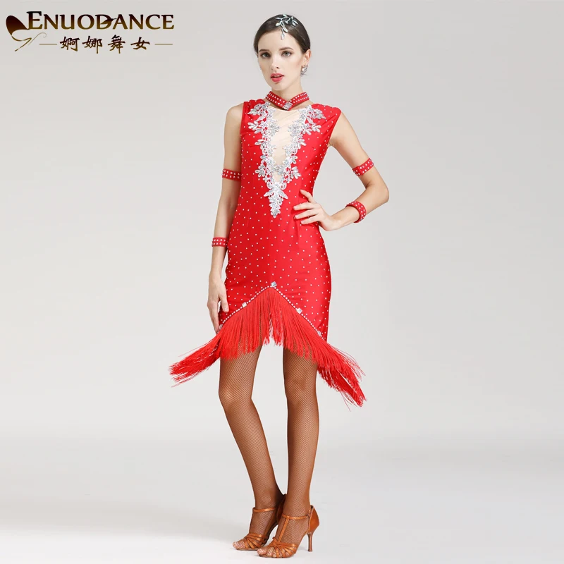 

5 видов цветов платье для латинских танцев с кисточками женский костюм для танцев Lumba для девочек танцевальная одежда с бриллиантами Samba Сальса костюмы для латинских танцев D-0136