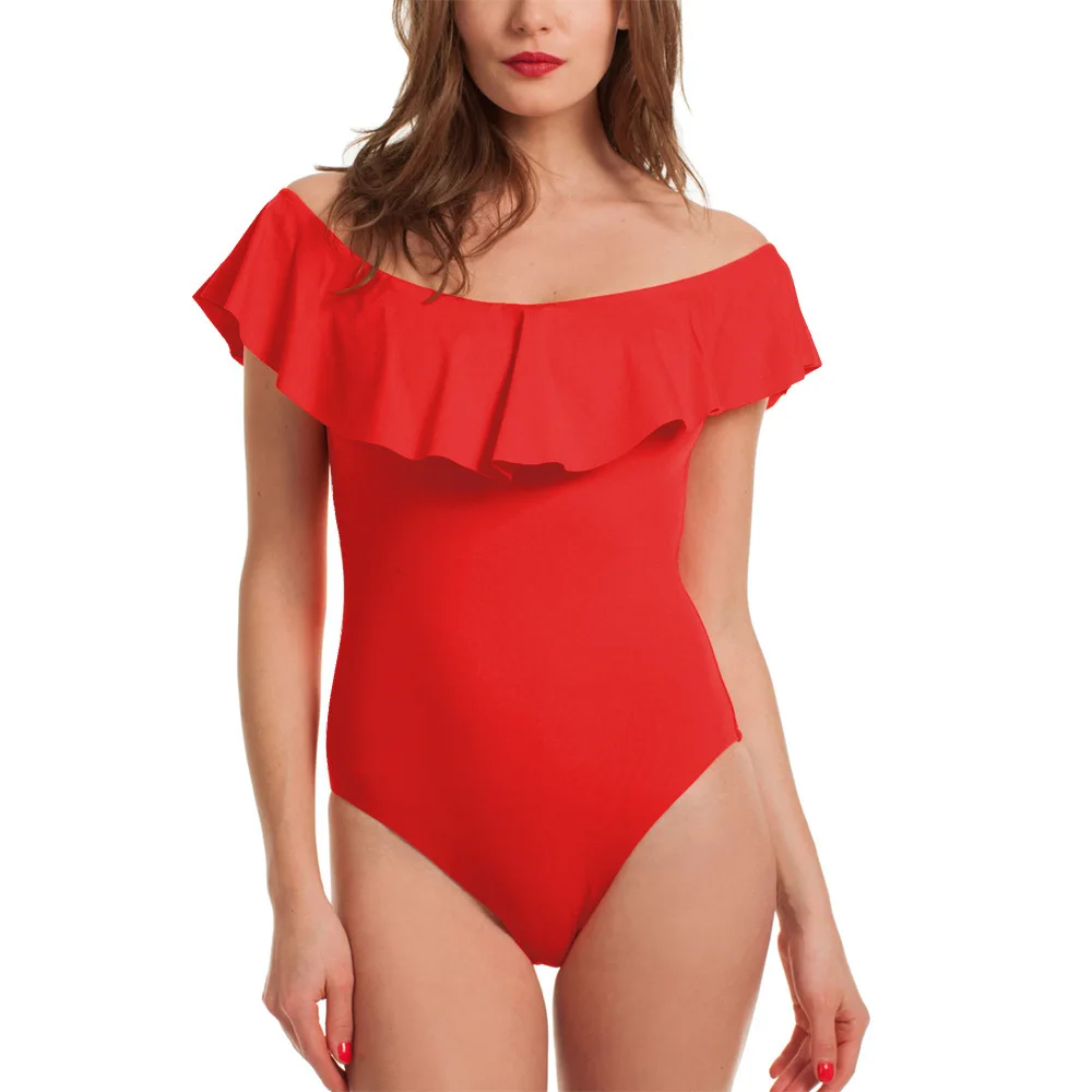 Сплошной цельный купальник сексуальный купальник с открытыми плечами женский купальник пуш-ап купальник черный красный с оборками купальный костюм Одежда
