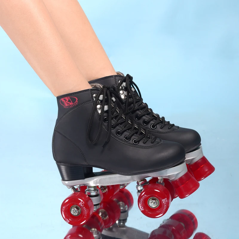 المرأة زلاجات دوارة الأسود و النبيذ الأحمر 4 عجلات التزلج على الجليد الأحذية عالية اصبع القدم رباعية زلاجات دوارة