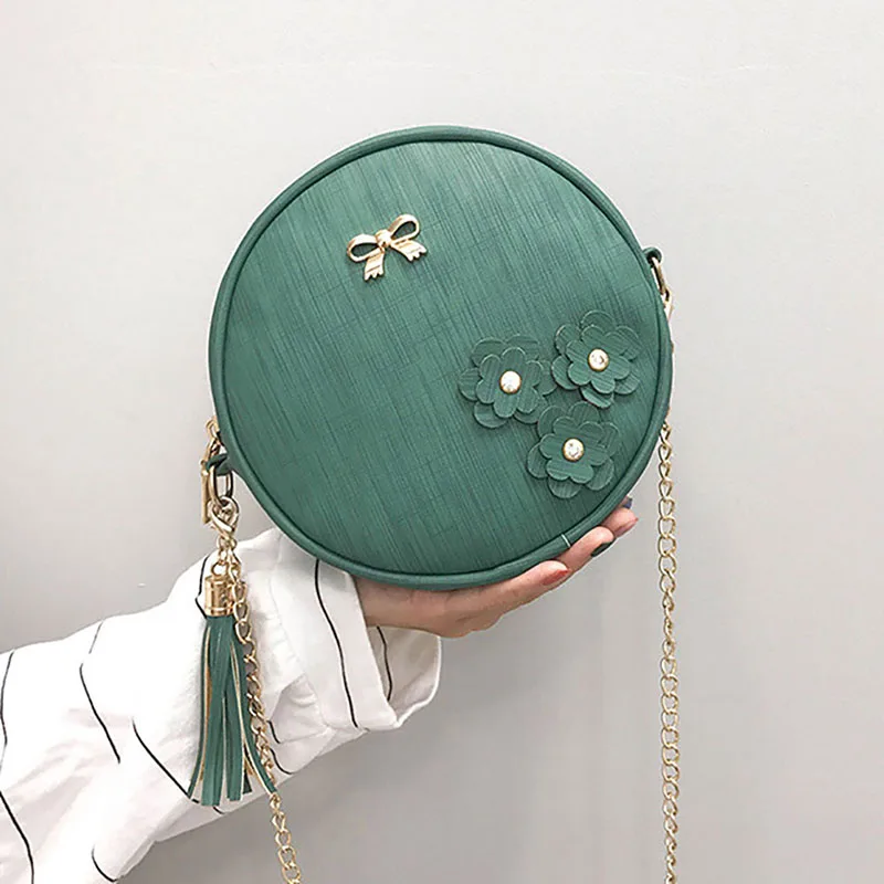 

2019 New Retro Small Round Packet PU Leather Shoulder Messenger Bag Round Chain Bag Girl Portable Party Cute Cross Body Bags