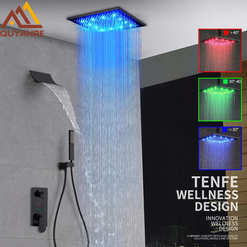 Quyanre Black Digital Shower Faucets Set LED Rainfall Waterfall Shower