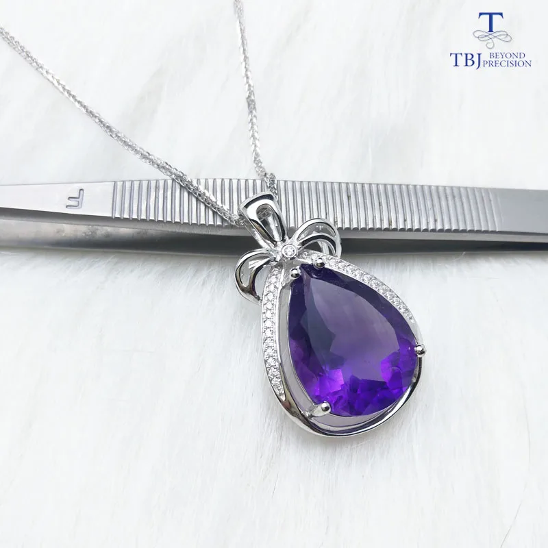 TBJ, большой драгоценный камень аметист груша 15*20 мм 7.2ct ожерелье с цепочкой из стерлингового серебра 925 пробы, хорошее ювелирное изделие с подарочной коробкой