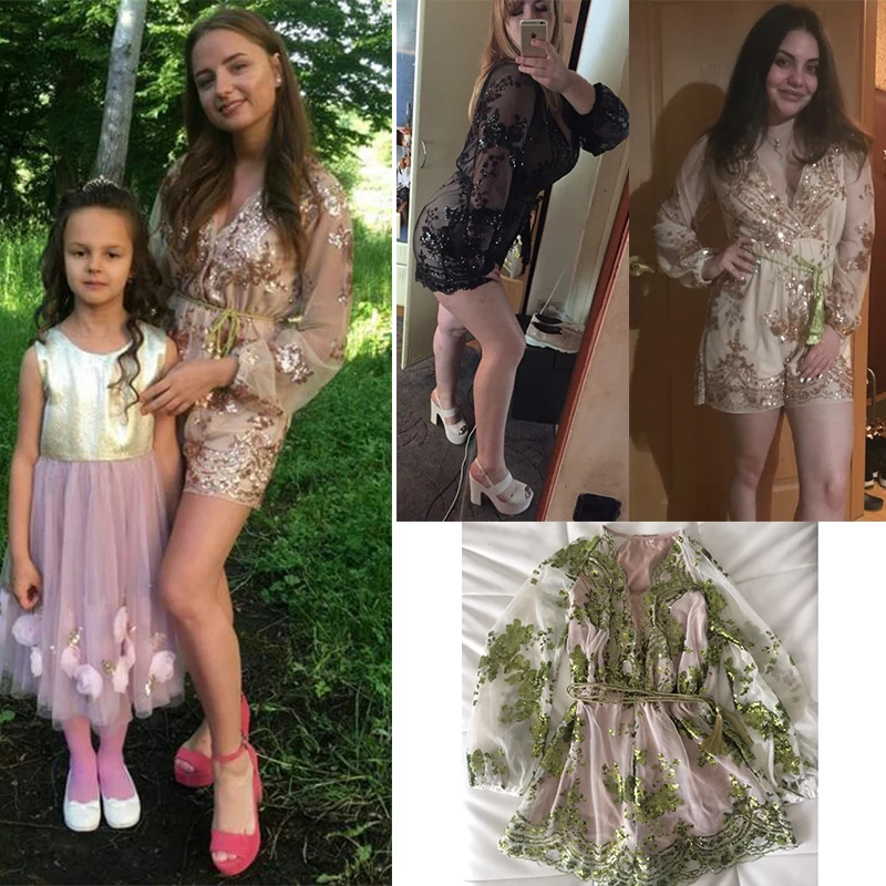 Sexy V Neck Sequin Summer bodysuit Women Mesh Long Sleeve Jumpsuit Clubwear black Gold Party Romper Runway Playsuit Overalls Hot