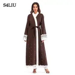 Мусульманская абайя для женщин Открыть кардиган Дубай халат платье Вечерние жемчугом для женщин кружево цветок сбоку лоскутное Кафтан
