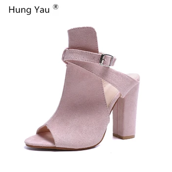 

Hung Yau Shoes For Women Sandals Summer Square High Heels Open Peep Toe Back Sandals Black Casual Shoes Pumps Plus Size 41