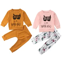 Папа мой супер герой осенне-зимние комплекты одежды для мальчиков и девочек хлопковый топ свитер+ штаны с цветочным рисунком Одежда для новорожденных