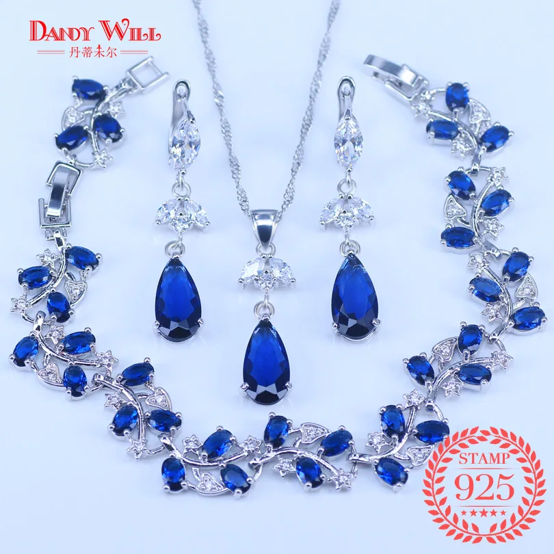 Синий Циркон, свадебное серебро 925, ювелирные наборы для женщин, кулон и ожерелье, серьги с браслеты из натуральных камней, ювелирные изделия, подарочная коробка