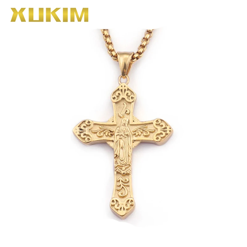 

RP134 Xukim Jewelry Stainless Steel PVD Gold Plating Virgin Mary Cross Religion Pendant Necklace