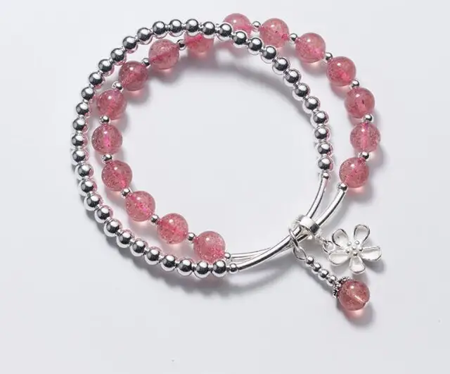 100% Authentic Real. 925 Sterling Silver Jewelry Double rows Natural Rose Starwberry Quartz Stone &beads flower Bracelet GTLS745