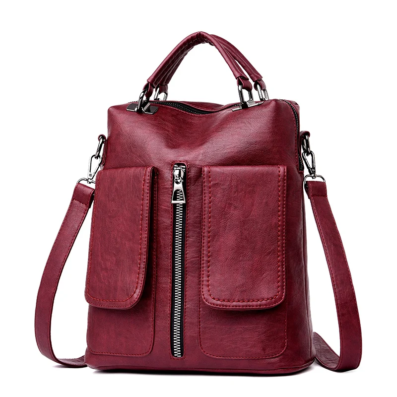 

Casual Women Double Pocket Backpack Female High Quality Leather Bagpack Designer Zipper School Shoulder Bag Mochila Sac A Dos