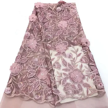 

african lace fabric with 3D flower and beads sequins 2018 latest pink lace fabric high quality 3d lace fabric for wedding H385