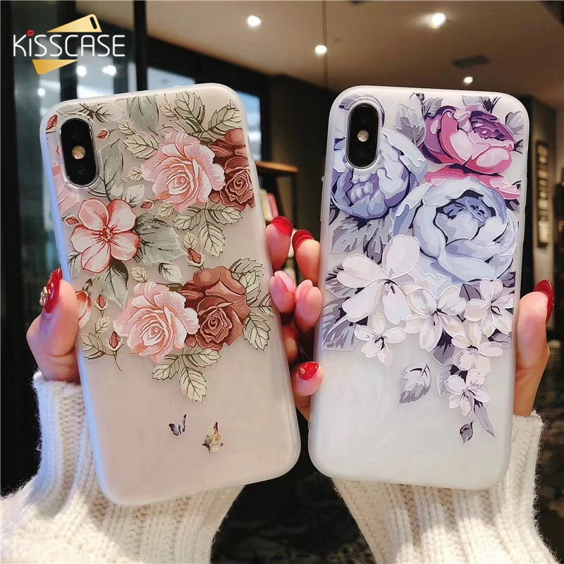 

KISSCASE Soft Silicone Case For iPhone 7 8 X XS XR 3D Relief Flowers Case For iPhone 7 Plus 8 Plus XS MAX Cover Capa Fundas
