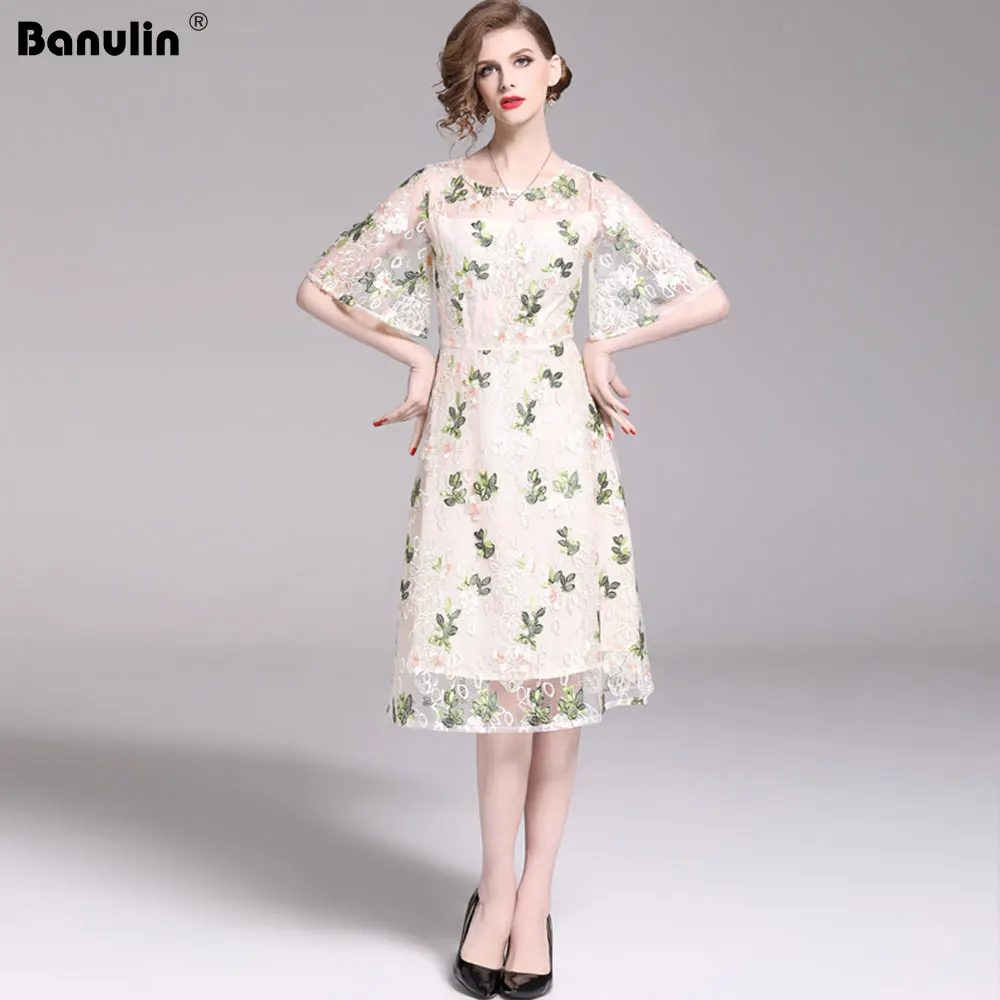 

Banulin 2019 Fashion Runway Casual Summer Lace Dress Women's Short Sleeve Floral Embroidery holiday Party Elegant Dress Vestido