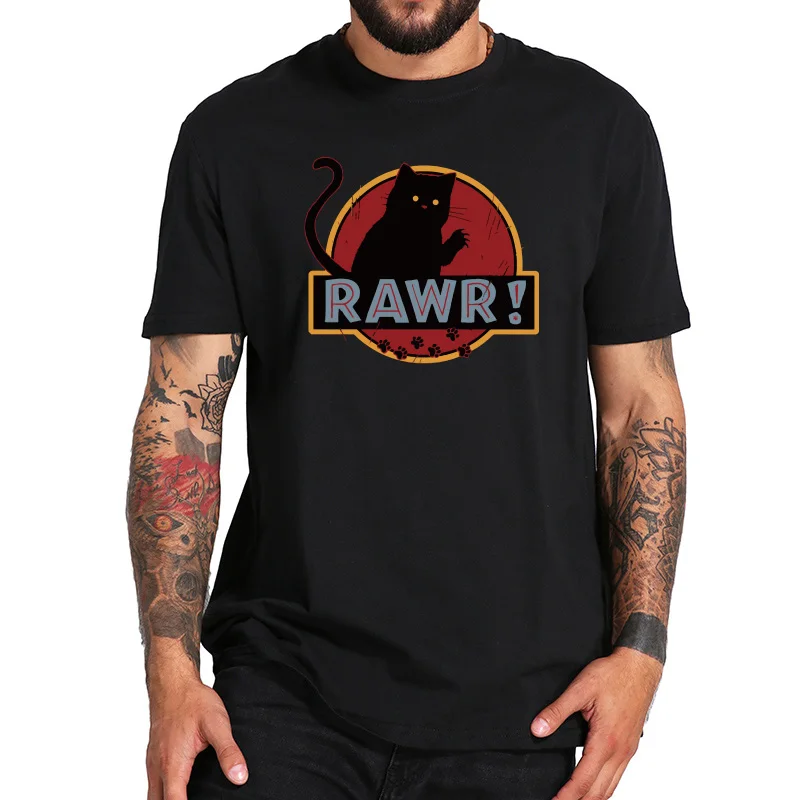 مضحك T قميص Rawr القط بارد المحملة قميص أوم الكرتون الجرافيك أسود أبيض الملابس القطن طاقم الرقبة اللياقة البدنية تي شيرت الاتحاد الأوروبي حجم