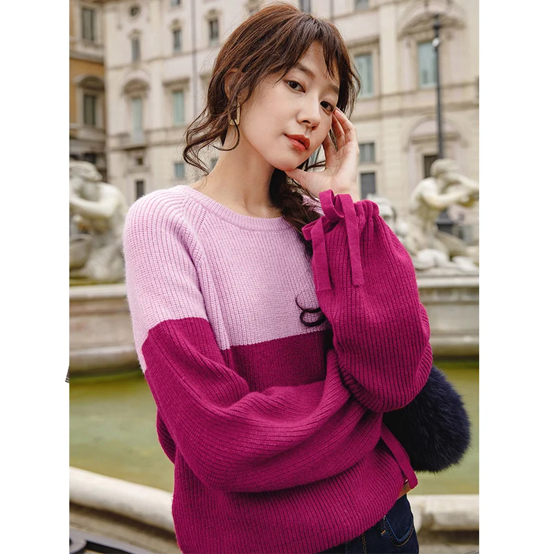

INMAN Autumn Boat Neck Lantern Sleeve Viscose Elegant Style Bandage Patchwork Women Sweaters and Pullovers