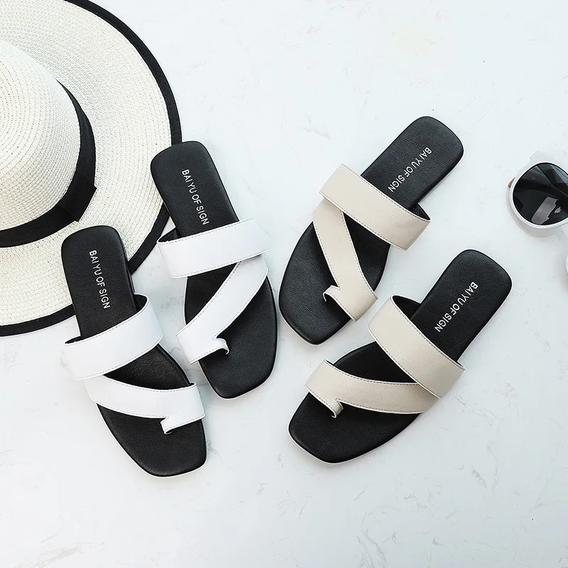 

Summer 2019 Beach Bohemian Holiday Slipper Women Solid White Flip Flops Shoes Woman Sandals Ladies Soft Leather Casual Flats