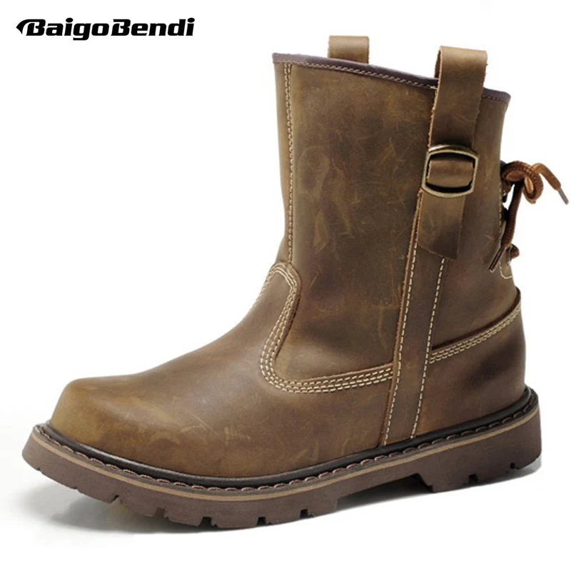 

HOT! Genuine Leather Mens Mid-calf Work Safety Boots Soldiers Waterproof Motorcycle Riding Boots Man Winter Snow Boots