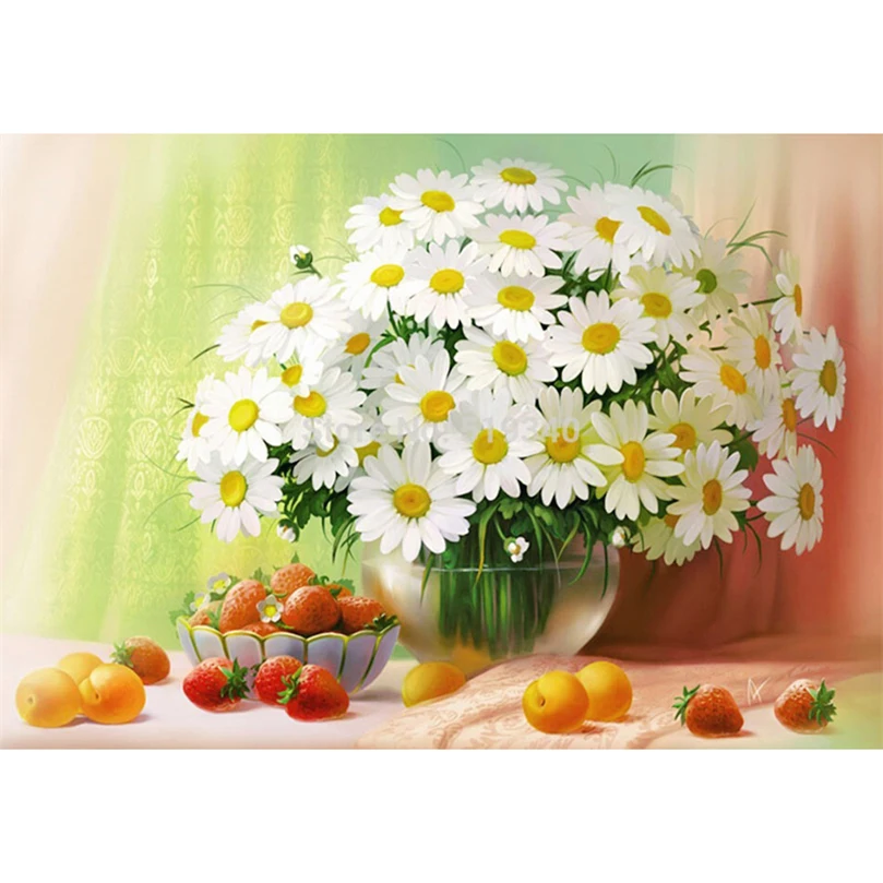 

Diamond embroidery 5D scenic cross stitch crystal square diamond decorative Diy Diamond painting White daisy and fruit HL528