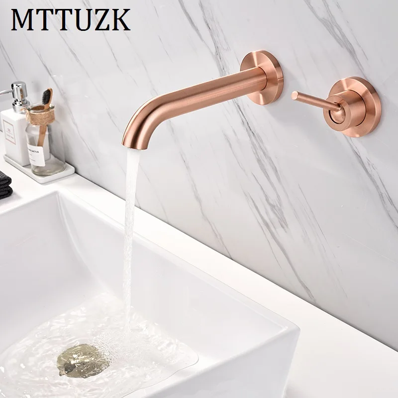 

MTTUZK Brass Matte Rose Gold Basin Faucet With Pre-embedded Box Wall Mounted Hot Cold mixer Tap Black Basin Sink Faucet Torneira