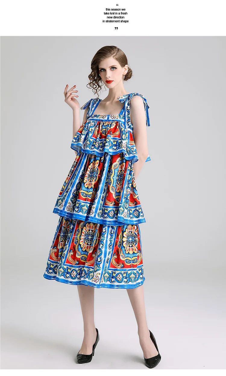Новинка, модное дизайнерское летнее платье для подиума, Сицилийское женское платье с бантом на бретельках, многослойное платье с оборками и открытой спиной, длинное платье с цветочным принтом