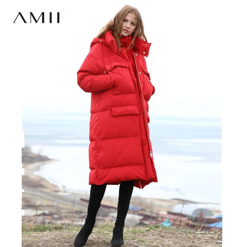 Vestes Soild Épais De Duvet Capuchon Manteau Causal Red Vers Minimaliste Down Le Chaud Poches Femelle D'hiver Femmes 90 Canard Coat Bas Amii À Blanc 2018 Long 6Iq8gv