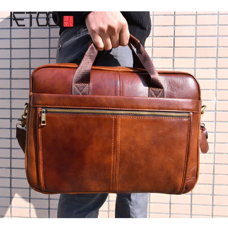 AETOO Genuine Leather Bag Men Bag Cowhide Men Crossbody Bags Men's Travel Shoulder Bags Tote Laptop Briefcases Handbags brown