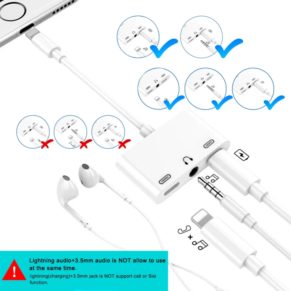 3 in 1 Audio Splitter Adapter for Lightning to Dual Light-ning 3.5mm Headphone Aux Jack for iPhone X/XR/XS Max/8/8P/7P/iPad/iPod