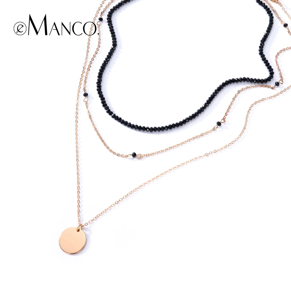 e-Manco Charming Multilayer Choker Necklace Beaded Chain Necklace For Women Copper Gold Color Pendant Necklace Fashion Jewelry