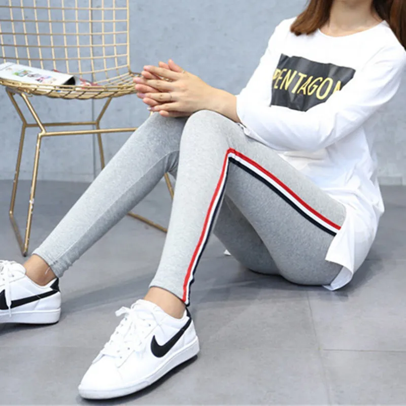 2023 Quality Cotton Leggings Side Stripes Women Casual High-stretch Leggings Pants High Waist Fitness Leggings Female