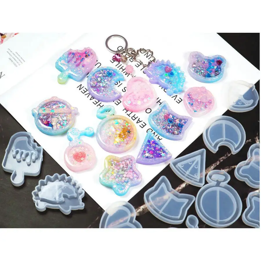 Kawaii Strawberry Shaker Silicone Molds Epoxy Resin Bear Star Popsicle Shaker Key Chain Charms Shiny Mold DIY Jewelry Craft Tool