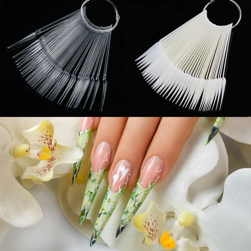 

40pcs Practice Display Tools Fake Nail Art Polish Color Card Acrylic Practice Chart Palette Sharp Fan Shaped Nail Art False Tips
