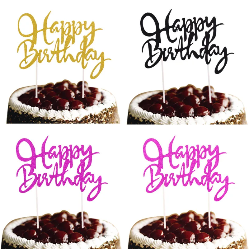 10pcs/lot Happy Birthday Cake Topper Customised Glitter Cake Flags Birthday Wedding Party Cake Baking Decor Babyshower Cake Flag