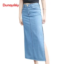 Синяя джинсовая юбка с высокой талией, Женская Весенняя Осенняя мода,, Джинсовая юбка длиной до щиколотки, повседневная прямая юбка с разрезом сбоку, Femme