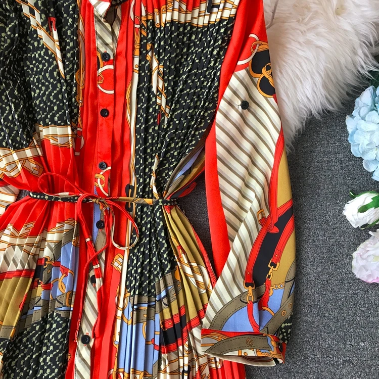 Весеннее женское городское шифоновое свободное Плиссированное Платье с принтом, модное праздничное платье длиной до колена с рукавами-фонариками три четверти