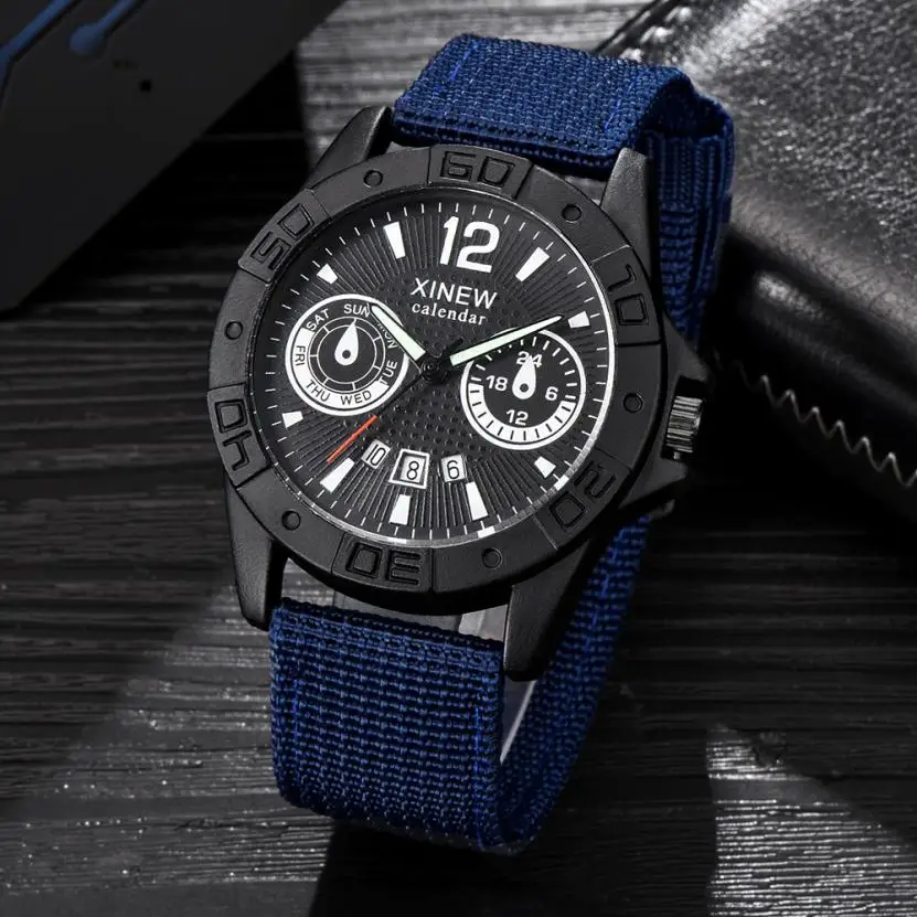 XINEW Canvas Wrist Watches Men's Sport Calendar Clock Relogio Masculino Top Brand Men Steel Dial Military Quartz Watch#Zer - Цвет: Синий