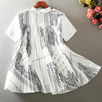 

2020 summer fashion Short-sleeved pleated t-shirt women loose A-line stitching chiffon print top tees