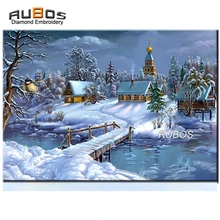 RUBOS DIY 5D diamond mosaic Winter snow in the village full diamond embroidery painting picture by rhinestone wall roll sticker